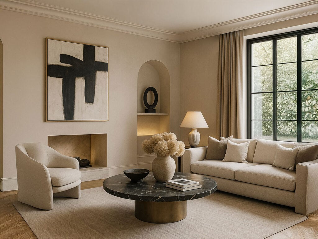 Un moderno salón con paredes beige, un sofá crema, un sillón, una mesa de centro de mármol negro, arte abstracto sobre una chimenea y un gran ventanal con cortinas beige refleja el lujo y las tendencias de diseño de interiores de lujo en 2026.