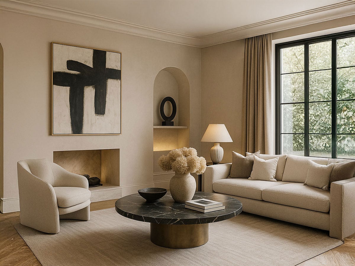 Un moderno salón con paredes beige, un sofá crema, un sillón, una mesa de centro de mármol negro, arte abstracto sobre una chimenea y un gran ventanal con cortinas beige refleja el lujo y las tendencias de diseño de interiores de lujo en 2026.