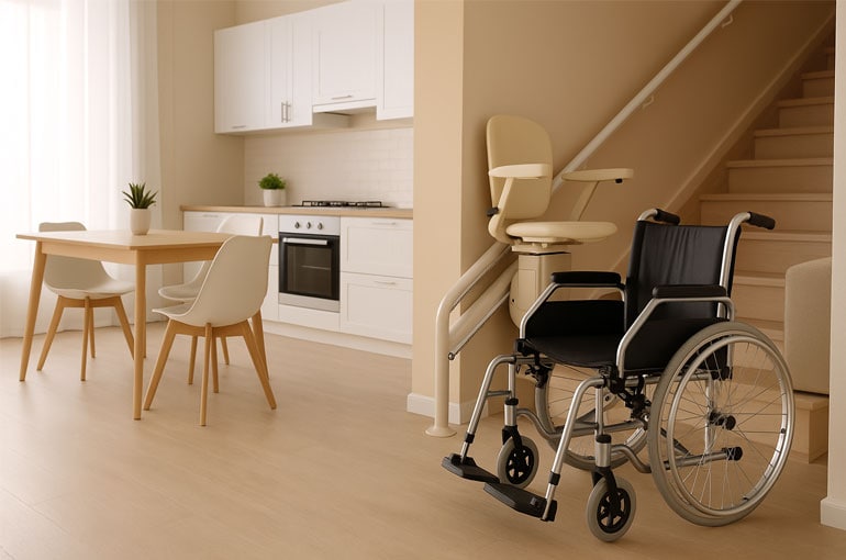 Una cocina y un comedor modernos con silla de ruedas y salvaescaleras cerca de una escalera, mostrando las claves de un hogar accesible de Reformalista, y destacando las características esenciales de accesibilidad en el hogar.