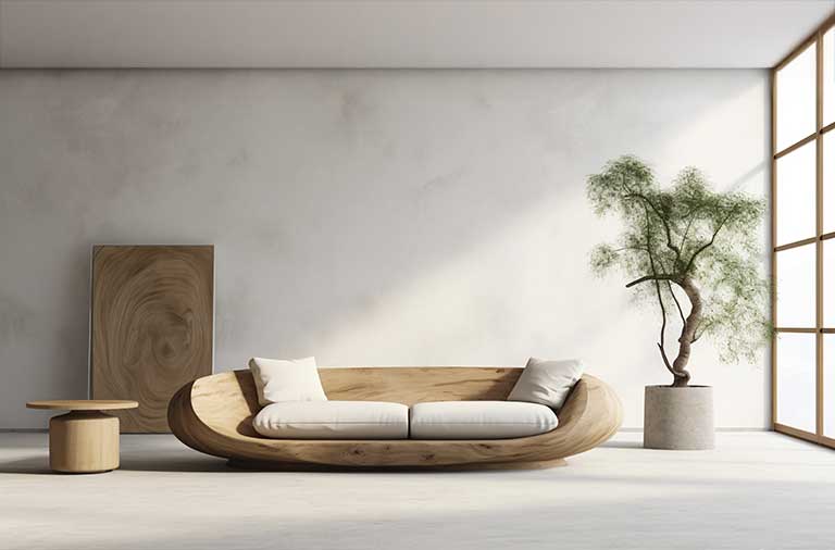 Sala de estar minimalista con un sofá de madera y dos cojines blancos, una mesa auxiliar redonda, una obra de arte enmarcada y una planta en maceta junto a una ventana grande: una combinación perfecta de estilo japandi para una atmósfera armoniosa y serena.